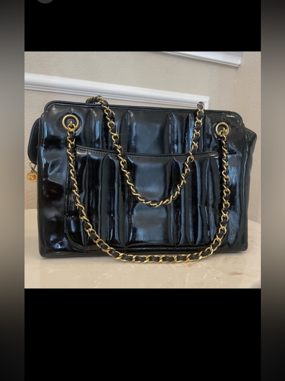 Chanel mademoiselle vertical vintage bag black patent 24k plated
